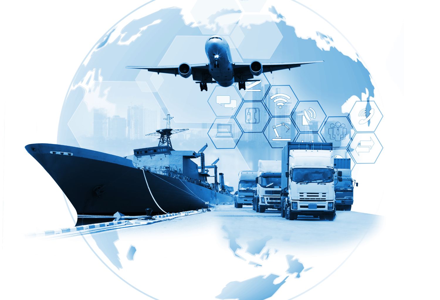 The world logistics, there are world map with logistic network distribution on background and logistics Industrial Container Cargo freight ship for Concept of fast instant shipping. Cross-Border Logistics